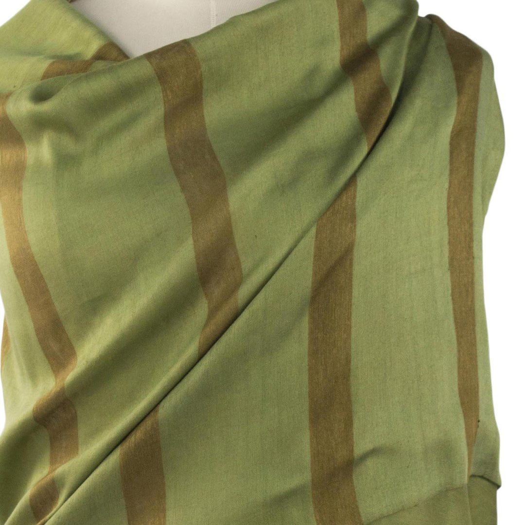 Hand Woven Green Silk Blend Shawl with Striped Motif - Jungle Green