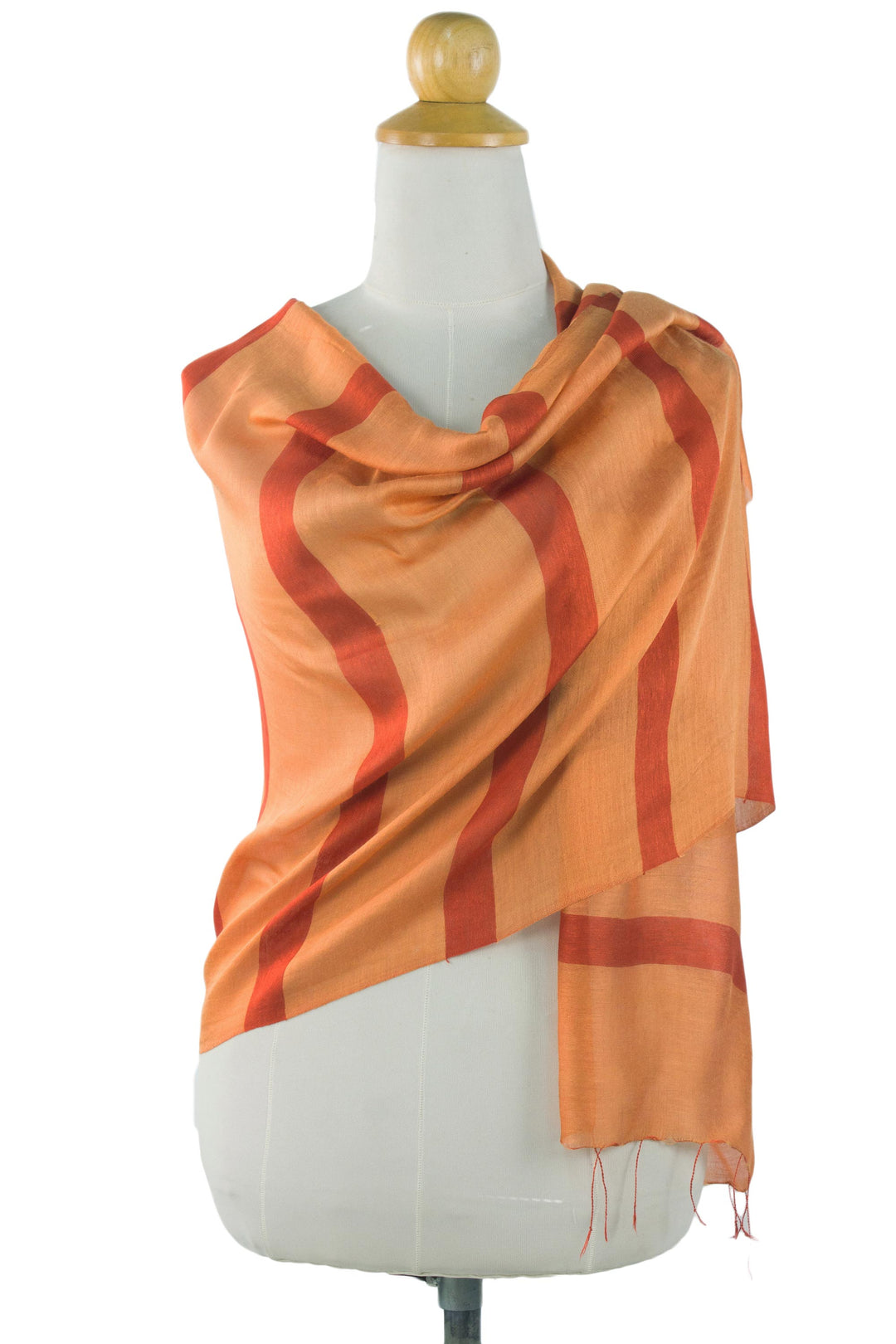Hand Woven Orange Striped Silk Blend Shawl from Thailand - Friendly Touch