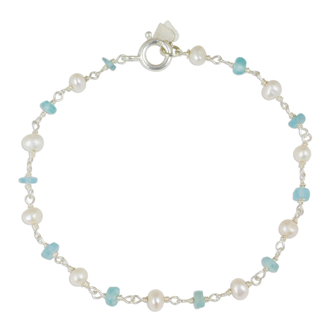 Handmade Apatite and Cultured Pearl Link Bracelet - Morning Blue