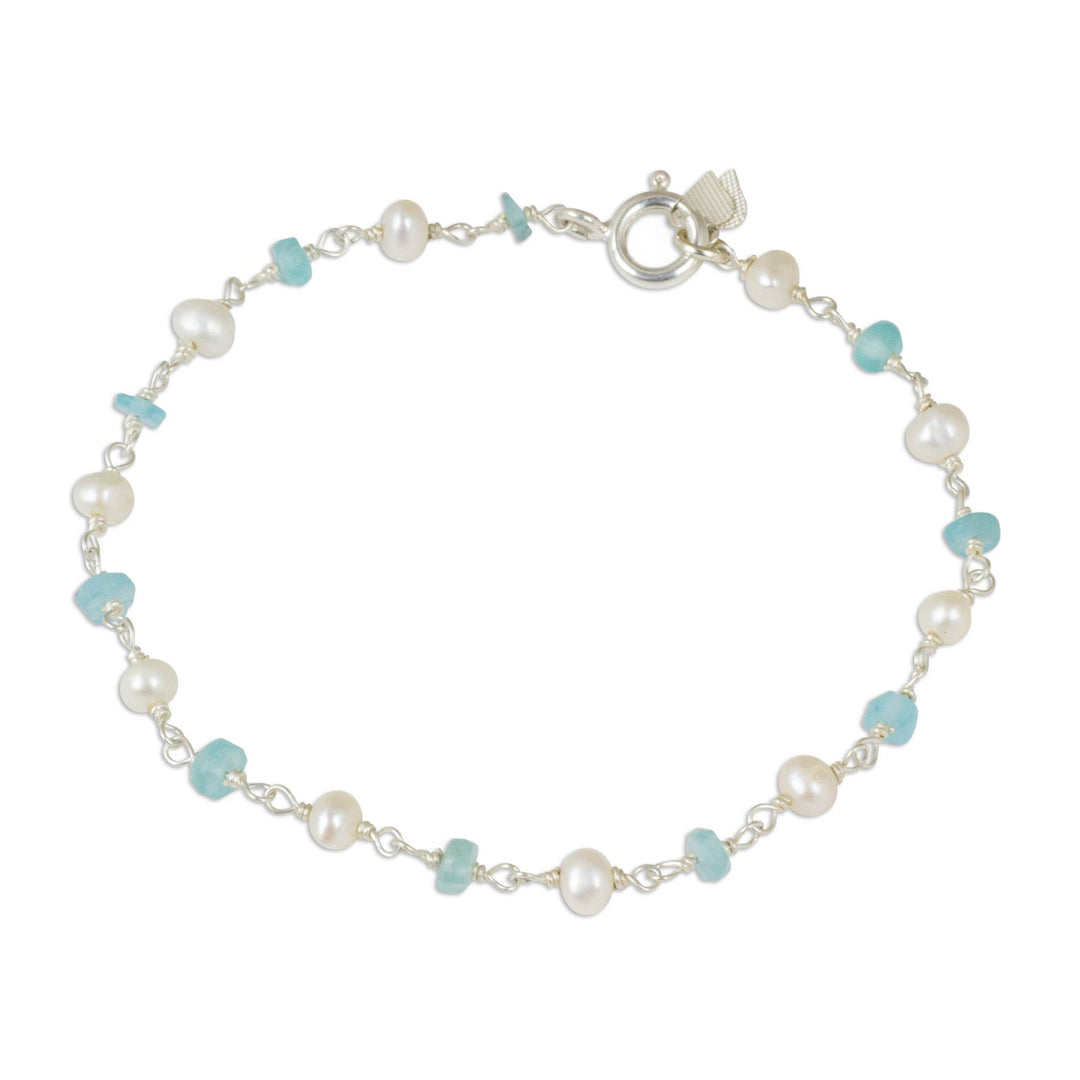 Handmade Apatite and Cultured Pearl Link Bracelet - Morning Blue