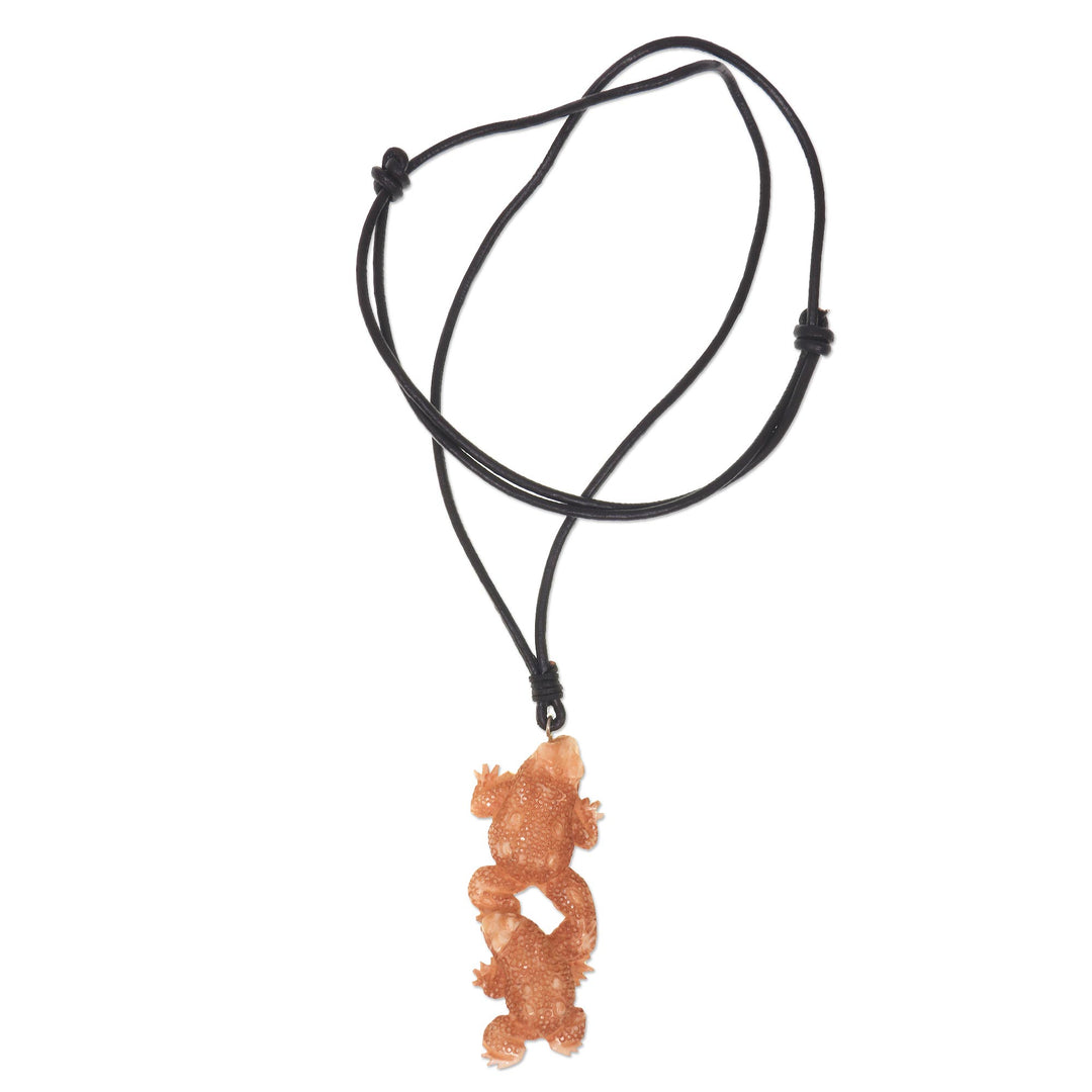 Artisan Crafted Leather Cord Necklace with Toad Pendant - Happy Toads