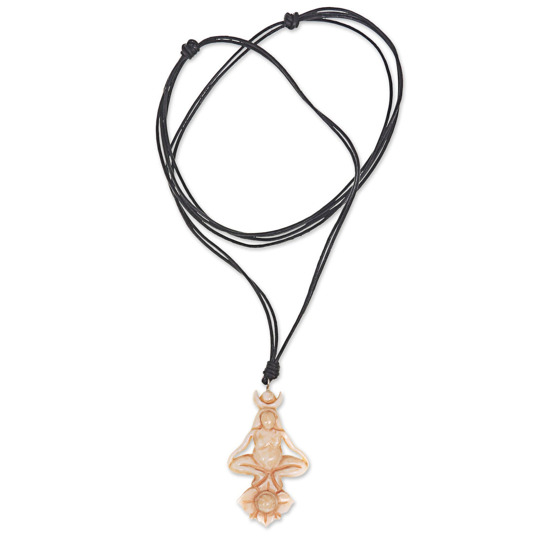 Artisan Crafted Leather Cord Necklace with Cow Bone Pendant - Ancient Meditation
