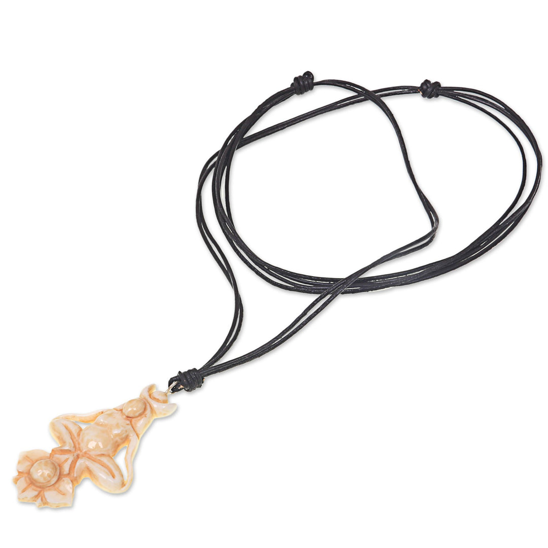 Artisan Crafted Leather Cord Necklace with Cow Bone Pendant - Ancient Meditation