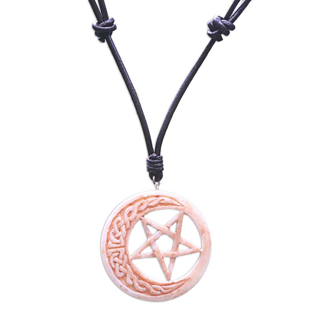 Hand Carved Moon and Star Necklace in Leather and Bone - Celtic Moon Star