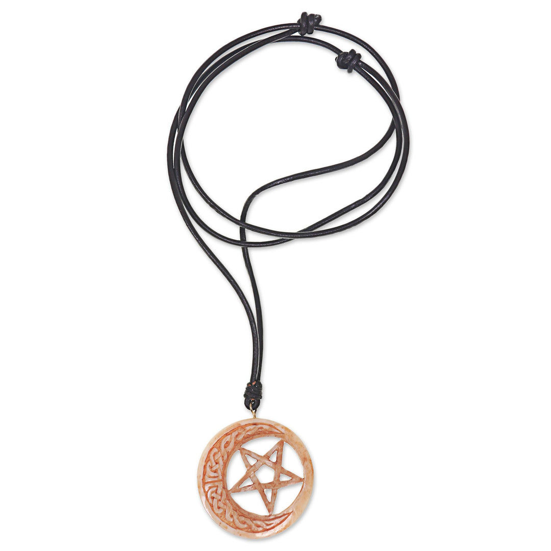Hand Carved Moon and Star Necklace in Leather and Bone - Celtic Moon Star