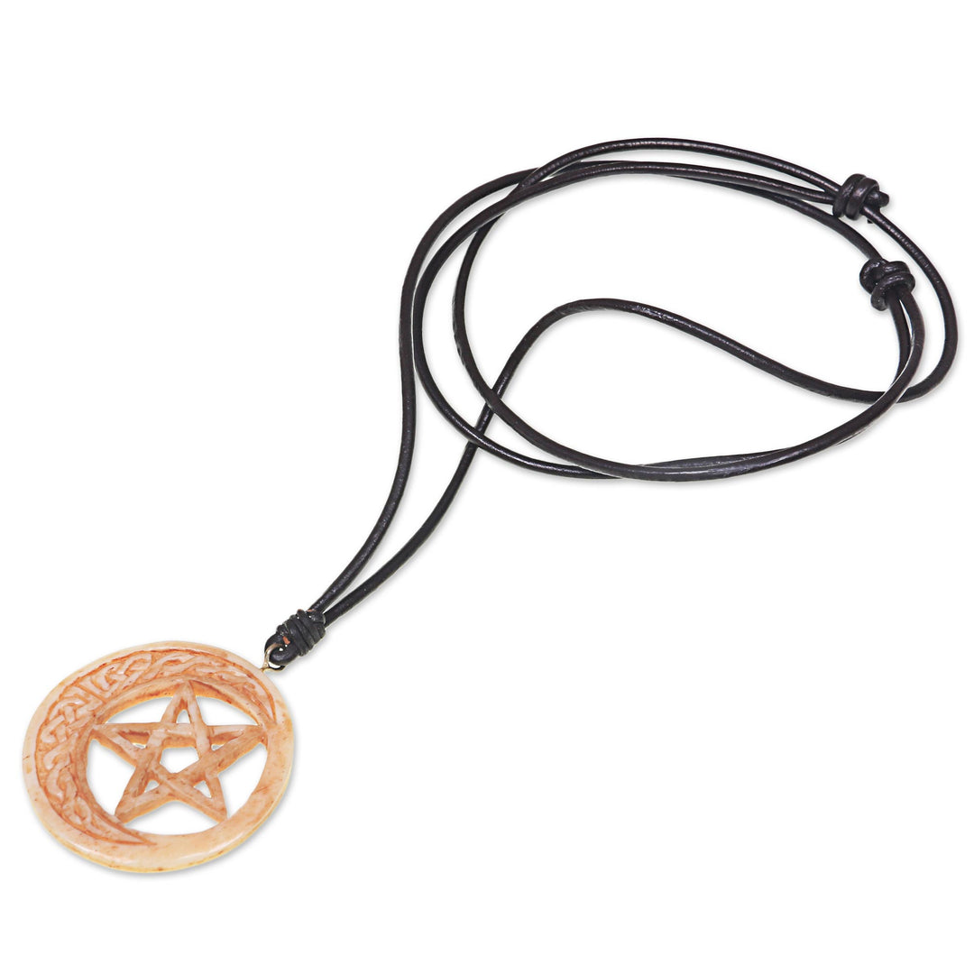 Hand Carved Moon and Star Necklace in Leather and Bone - Celtic Moon Star