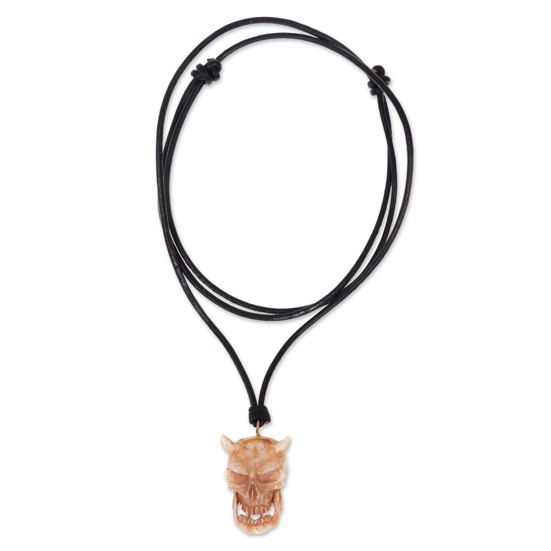 Handmade Cow Bone and Leather Devil Skull Necklace from Bali - Demon King