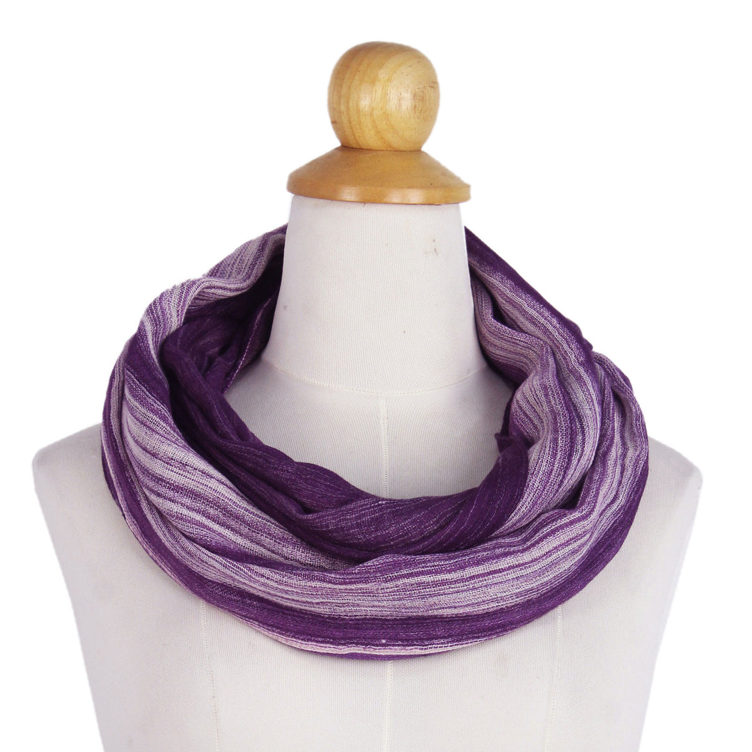 Hand Woven 100% Cotton Infinity Scarf in Purple and White - Purple Skies