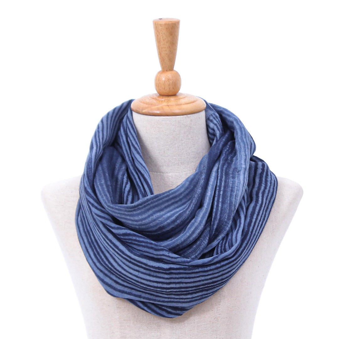 Dark Blue and White 100% Cotton Infinity Scarf from Thailand - Foggy Night
