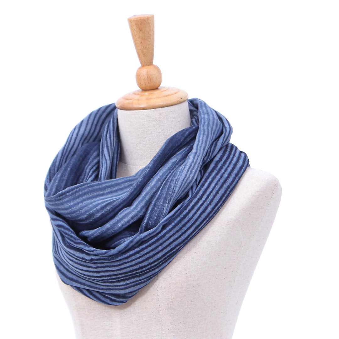 Dark Blue and White 100% Cotton Infinity Scarf from Thailand - Foggy Night