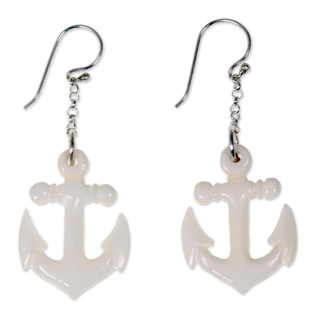 Hand Carved Bone Anchor Earrings Bali Artisan Jewelry - Anchored