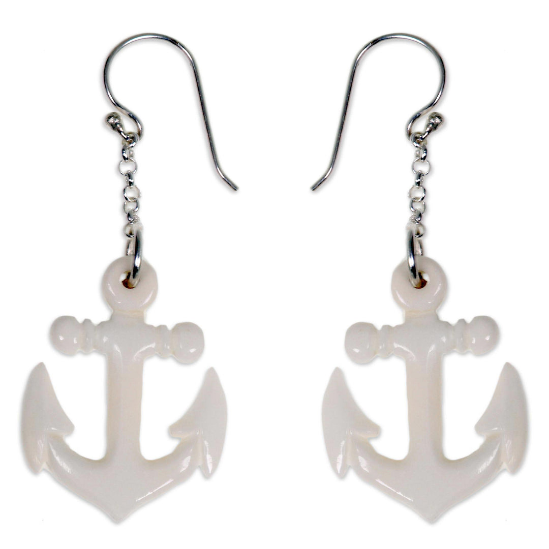 Hand Carved Bone Anchor Earrings Bali Artisan Jewelry - Anchored