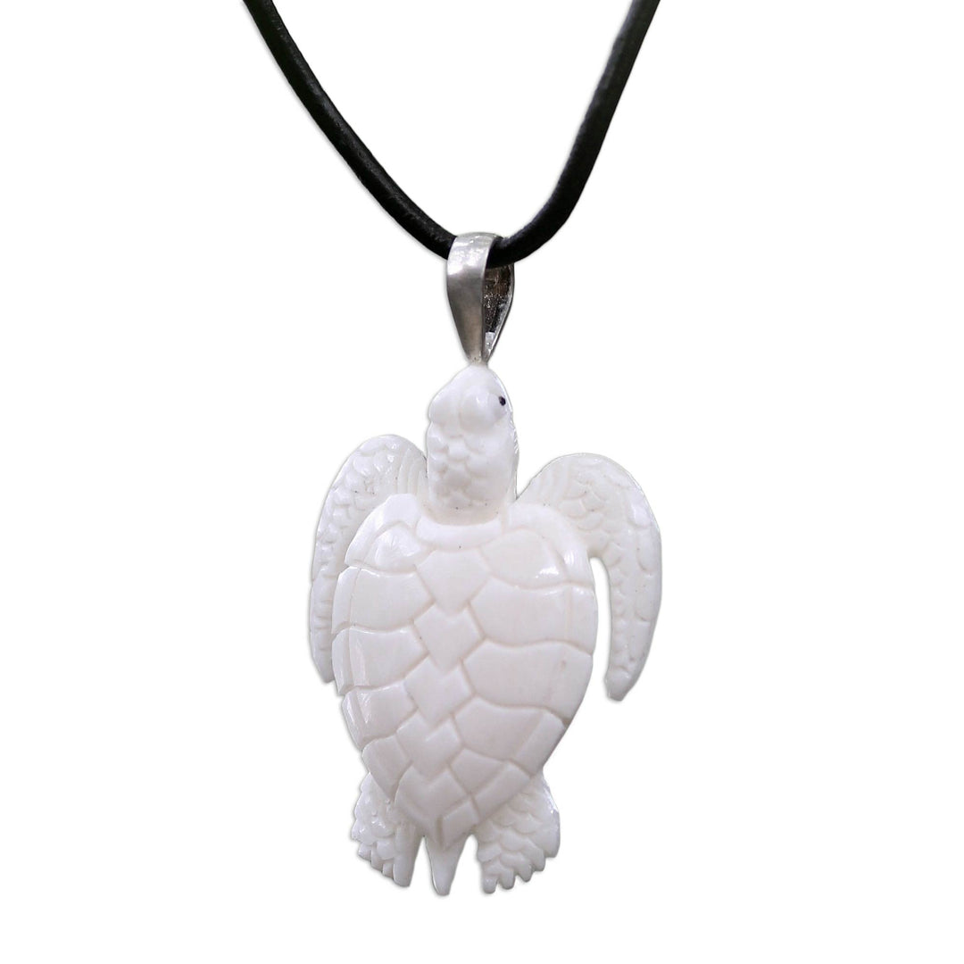 Hand Crafted White Turtle Pendant on Leather Cord Necklace - White Turtle