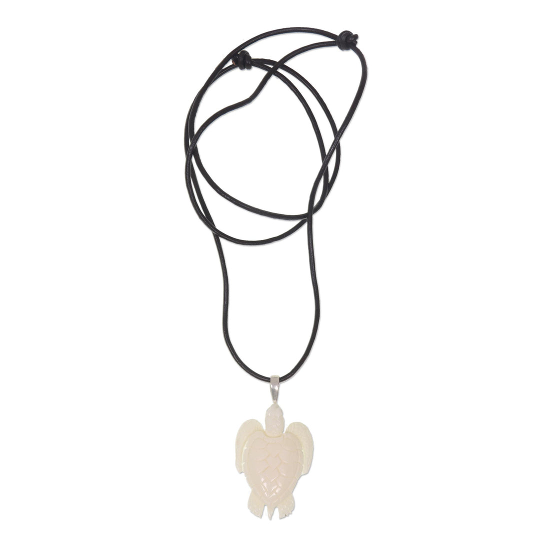 Hand Crafted White Turtle Pendant on Leather Cord Necklace - White Turtle