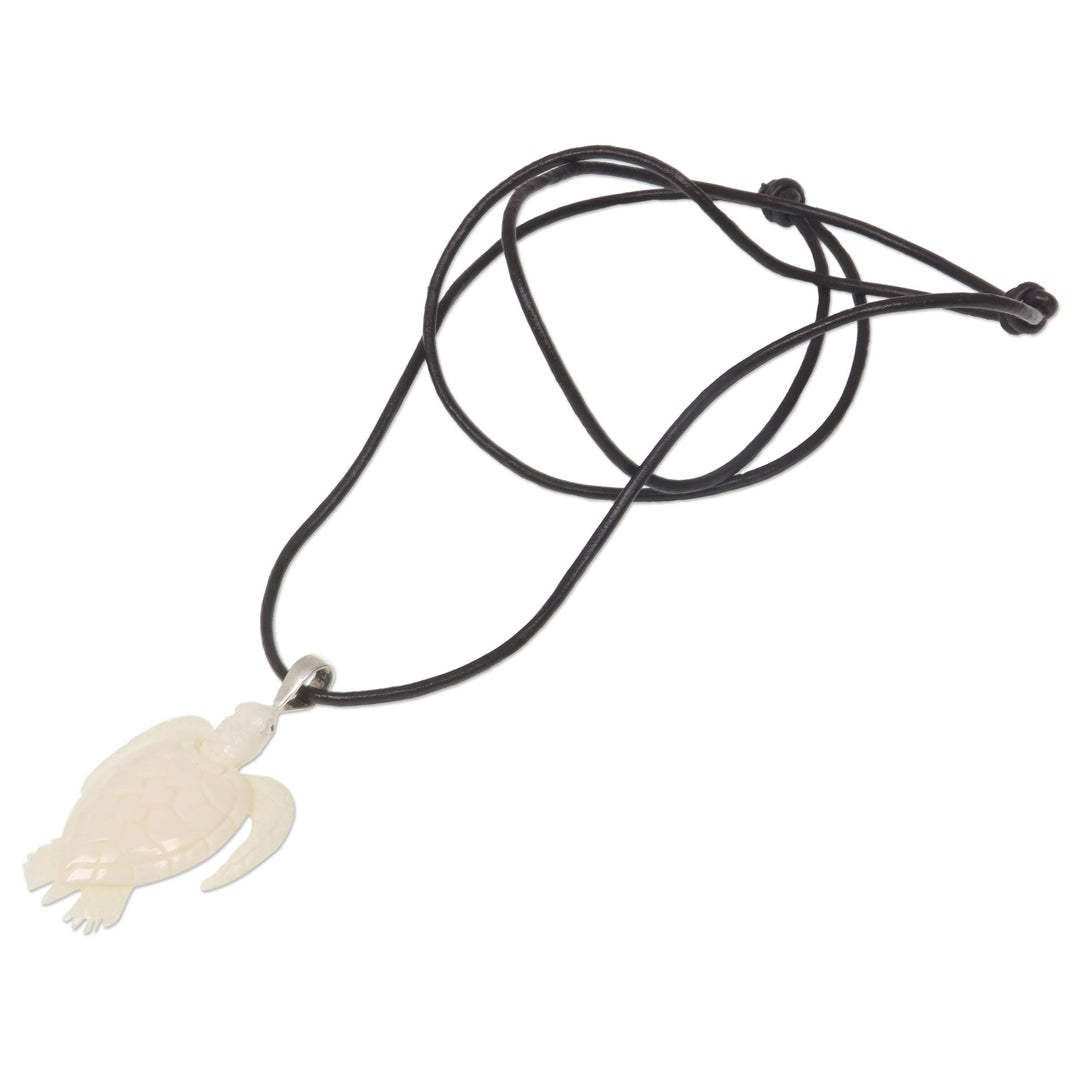 Hand Crafted White Turtle Pendant on Leather Cord Necklace - White Turtle