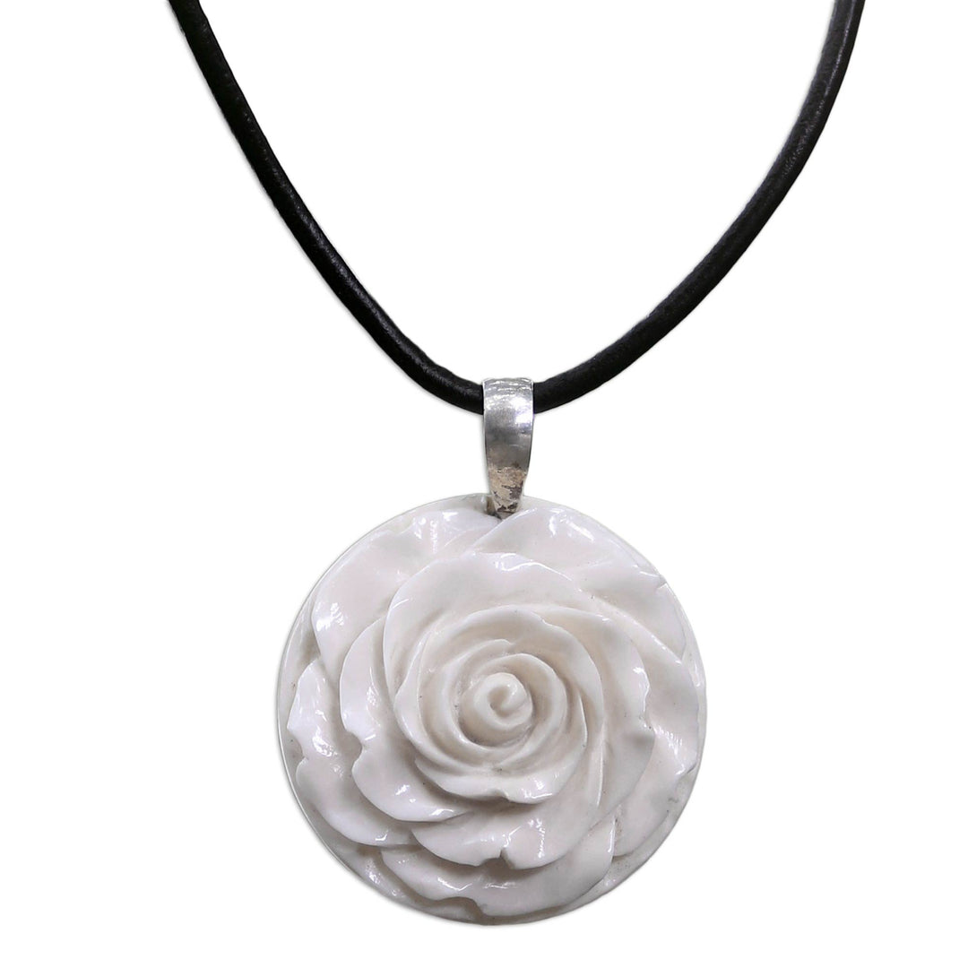 Artisan Crafted White Rose Pendant on Leather Cord Necklace - Glorious Rose