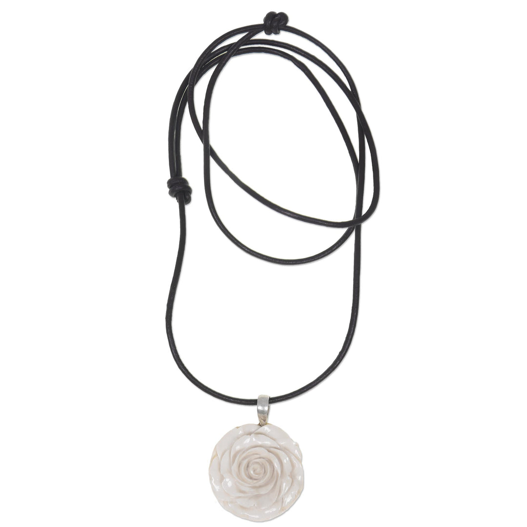 Artisan Crafted White Rose Pendant on Leather Cord Necklace - Glorious Rose