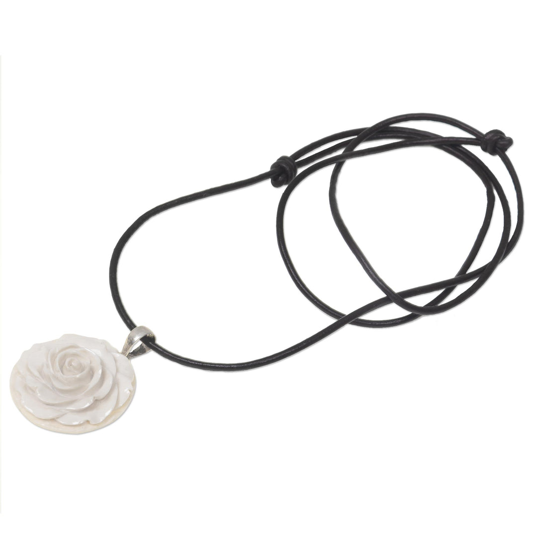 Artisan Crafted White Rose Pendant on Leather Cord Necklace - Glorious Rose