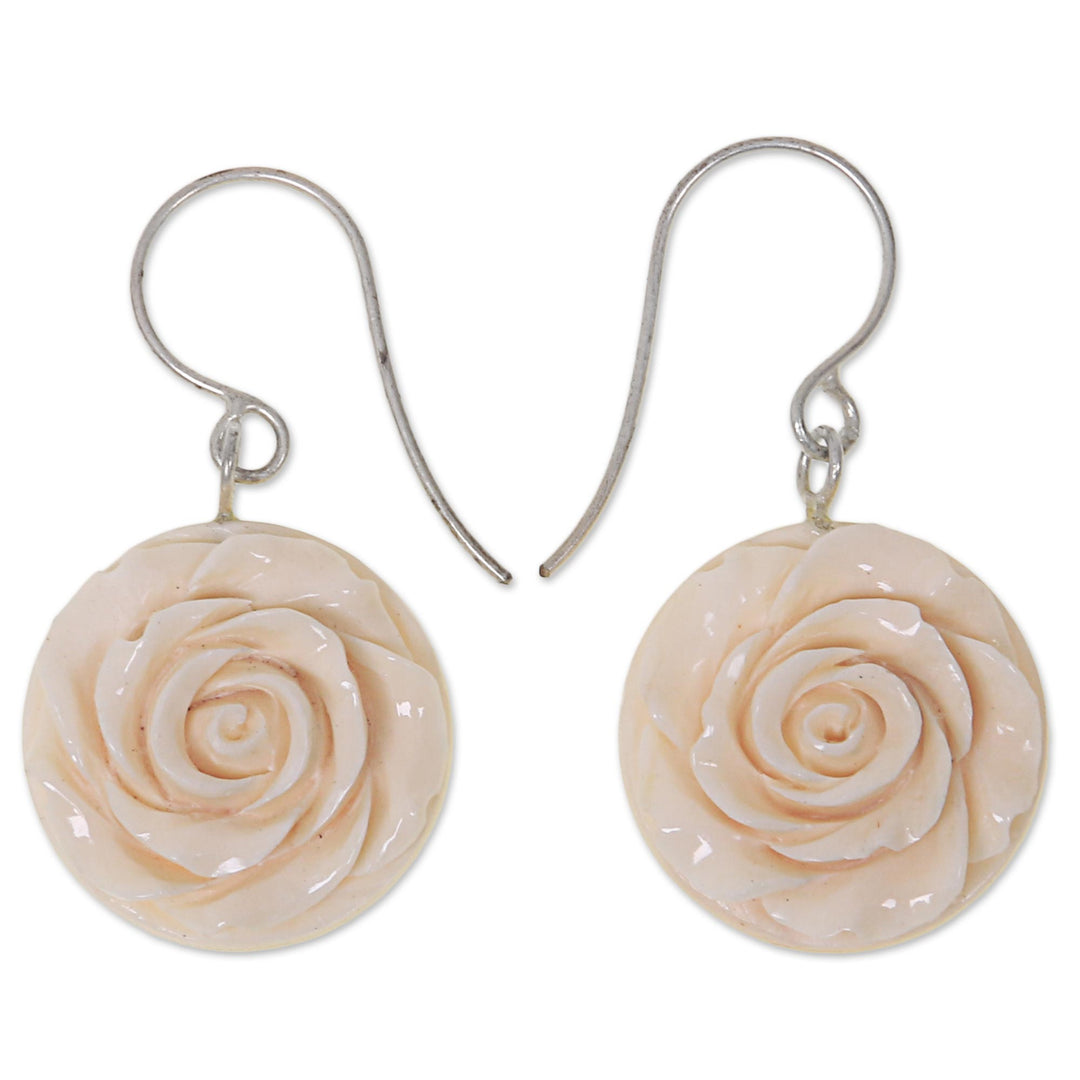 White Rose Dangle Earrings Hand Carved of Bone - Glorious Rose
