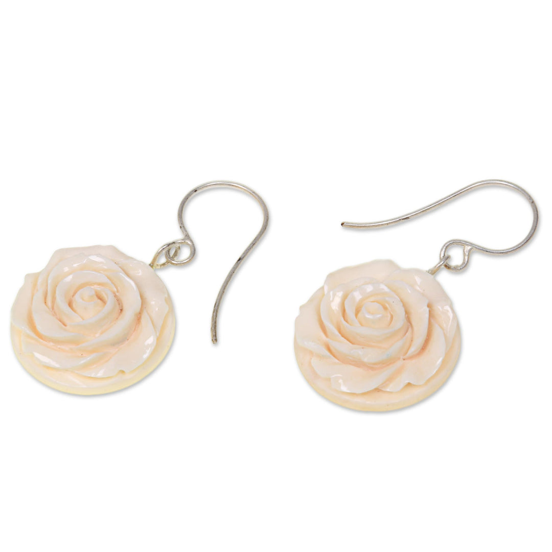 White Rose Dangle Earrings Hand Carved of Bone - Glorious Rose