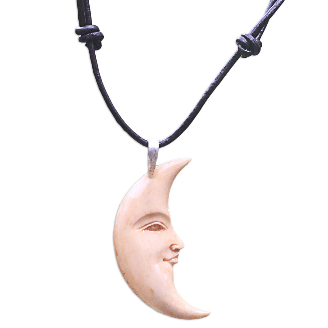 Hand Carved Balinese Moon Necklace in Leather and Bone - Serene Crescent Moon