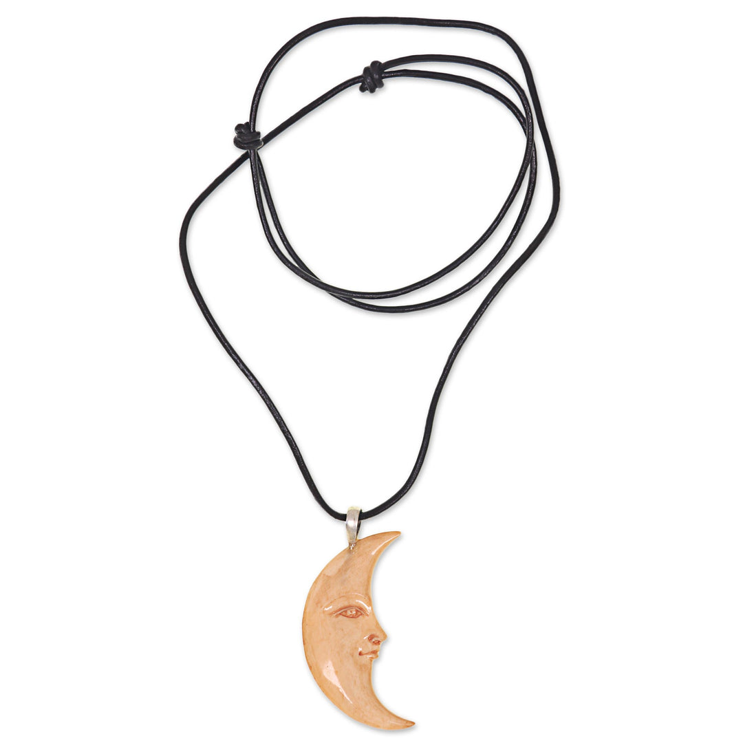 Hand Carved Balinese Moon Necklace in Leather and Bone - Serene Crescent Moon