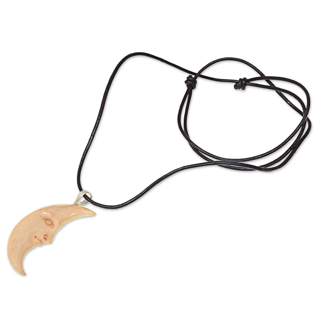Hand Carved Balinese Moon Necklace in Leather and Bone - Serene Crescent Moon