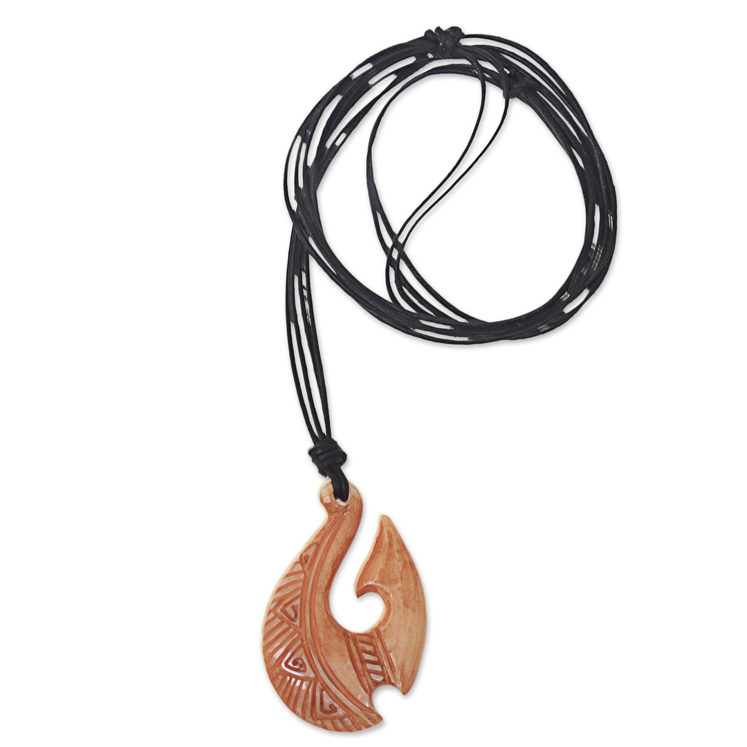 Black Bone Unisex Hand Carved Bone Necklace - Antique Fish Hook