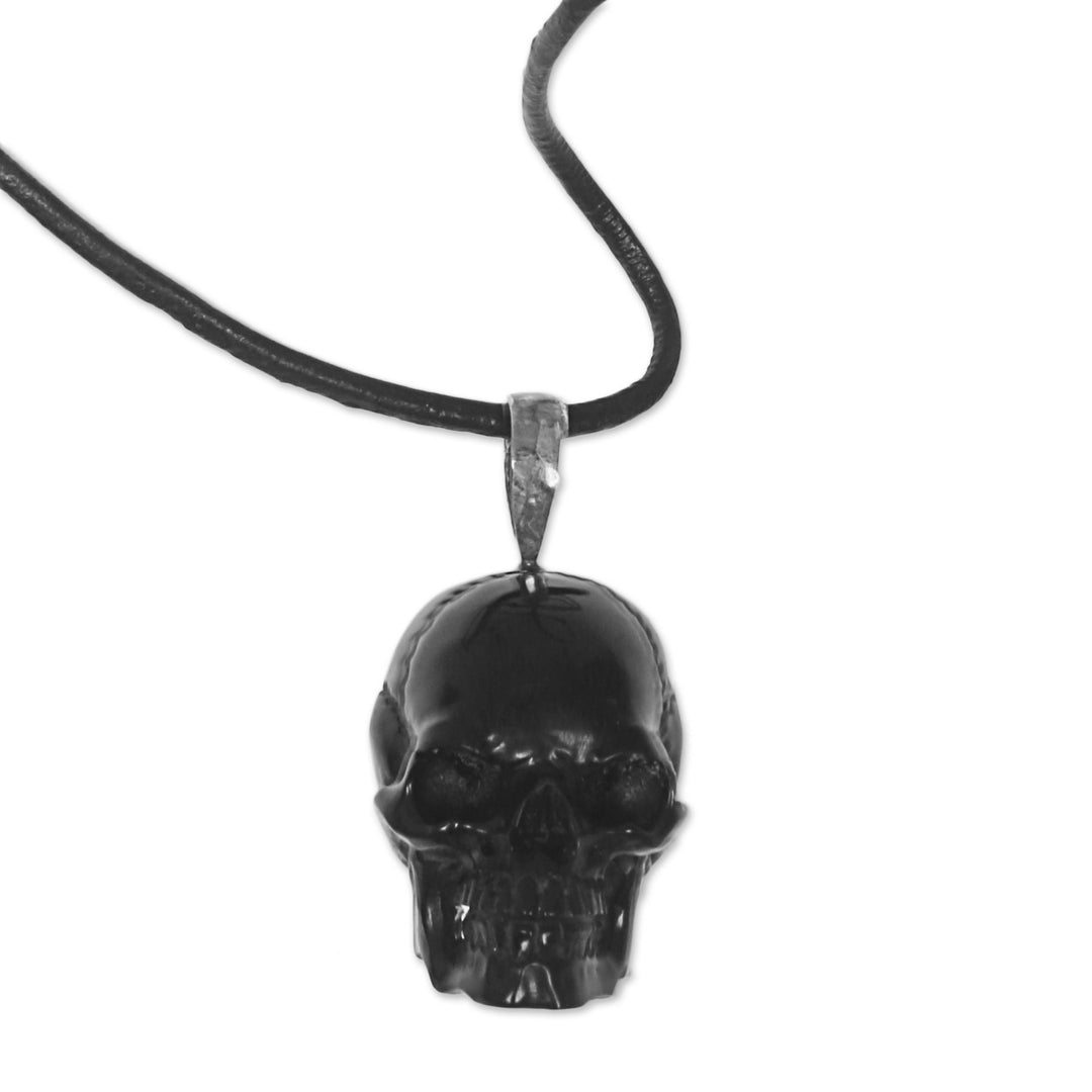 Carved Bone Skull Pendant on Cord Handmade in Indonesia - Black Skull
