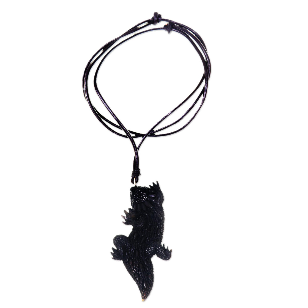 Hand Carved Indonesian Black Lizard Cow Bone Necklace - Thorny Devil