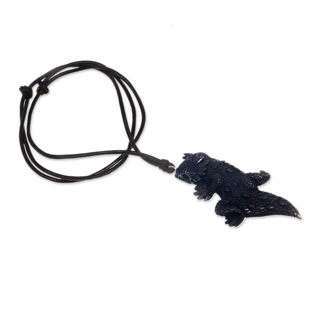 Hand Carved Indonesian Black Lizard Cow Bone Necklace - Thorny Devil