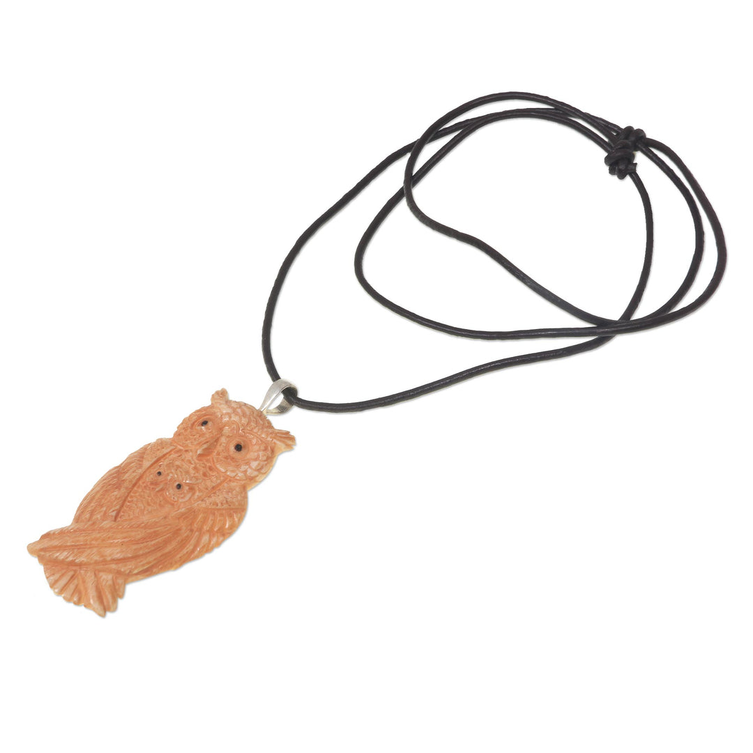 Leather and Bone Artisan Crafted Owl Pendant Necklace - Brown Owl Family