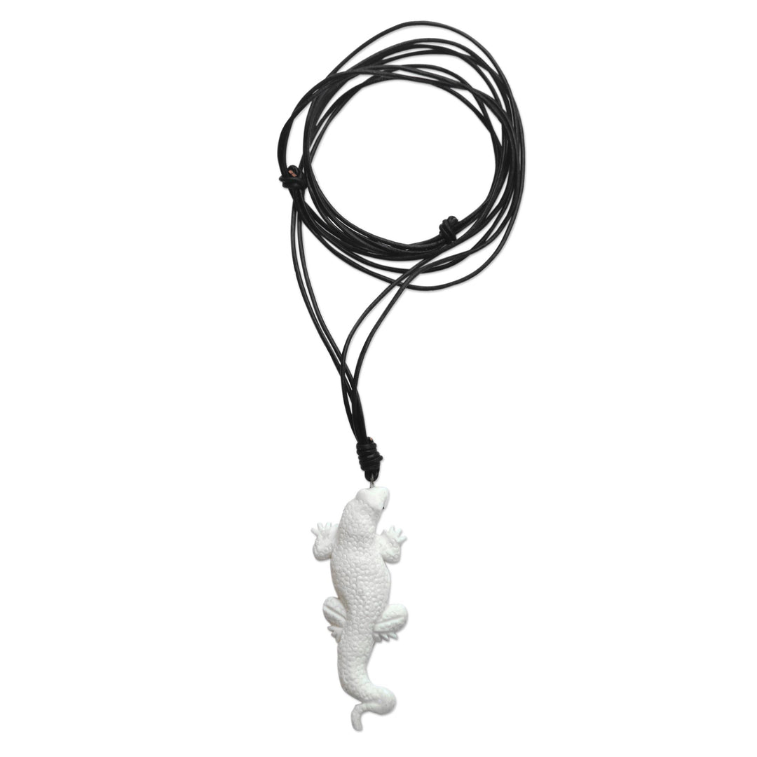 Artisan Crafted Lizard Pendant Necklace in Leather and Bone - White Lizard Totem