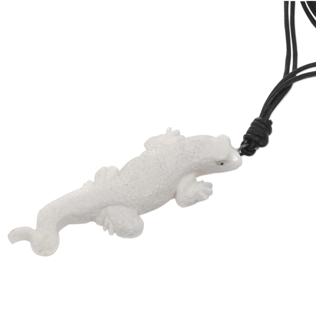 Artisan Crafted Lizard Pendant Necklace in Leather and Bone - White Lizard Totem