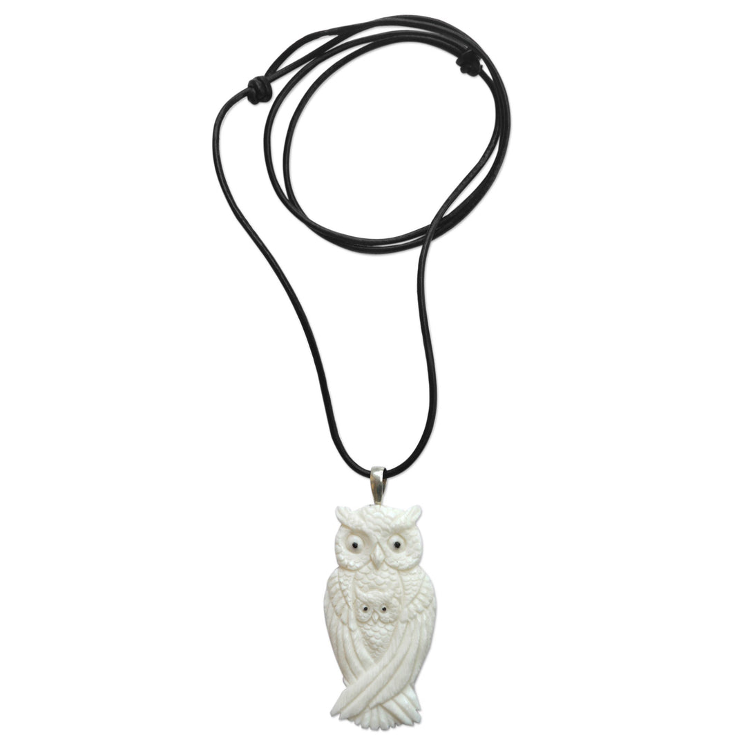 Artisan Crafted Owl Family Pendant on Leather Cord Necklace - White Owl Family