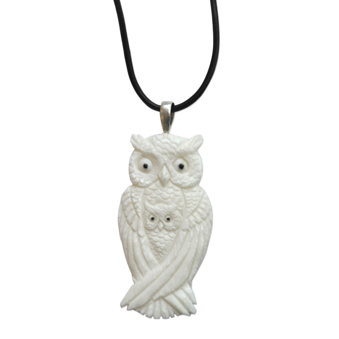 Artisan Crafted Owl Family Pendant on Leather Cord Necklace - White Owl Family