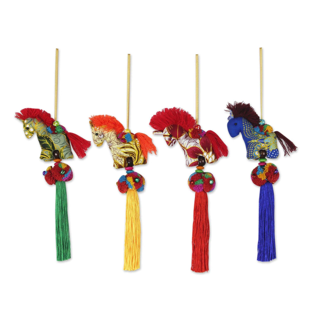 Artisan Crafted Multicolor Thai Cotton Horse Ornaments (4) - Happy Thai Horses