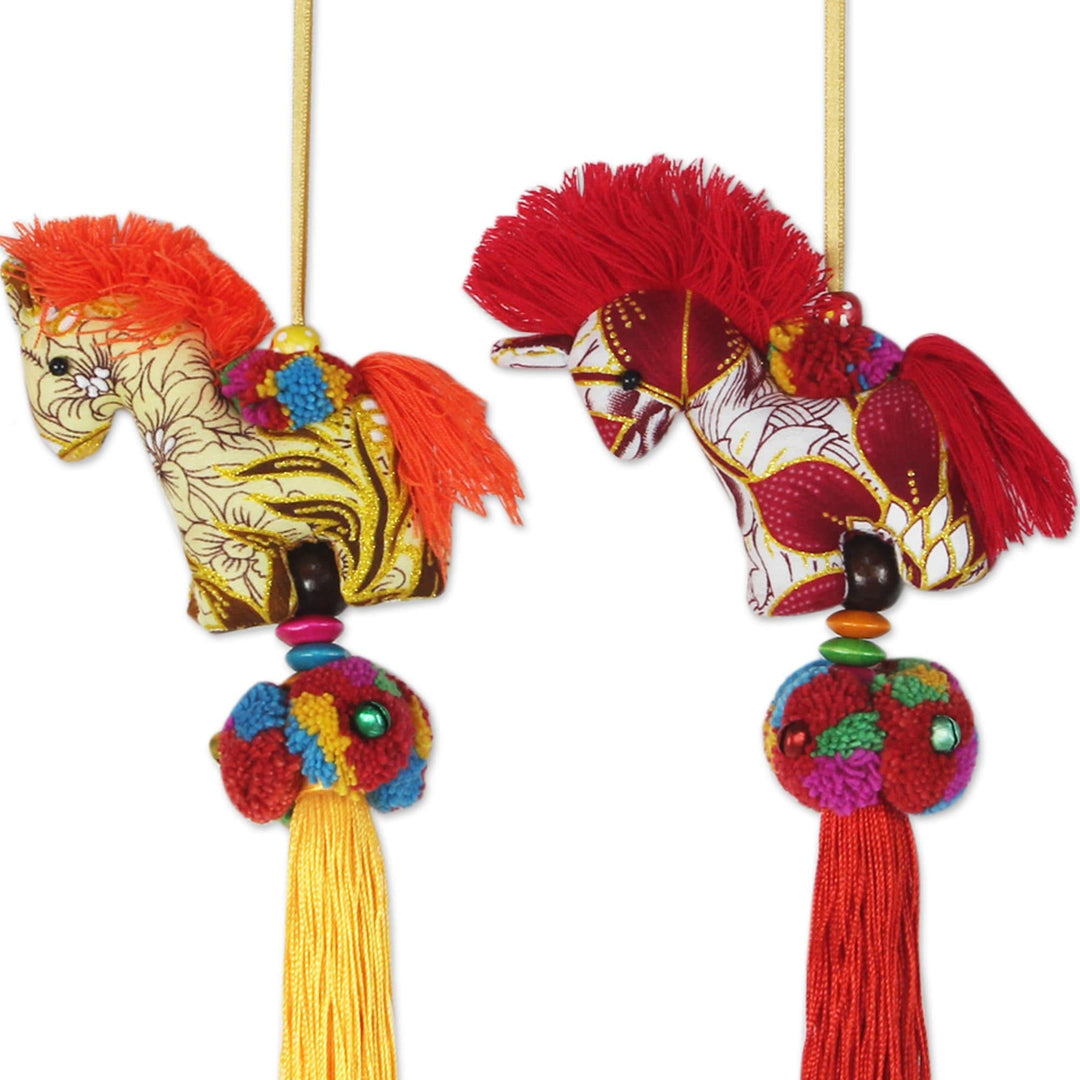 Artisan Crafted Multicolor Thai Cotton Horse Ornaments (4) - Happy Thai Horses