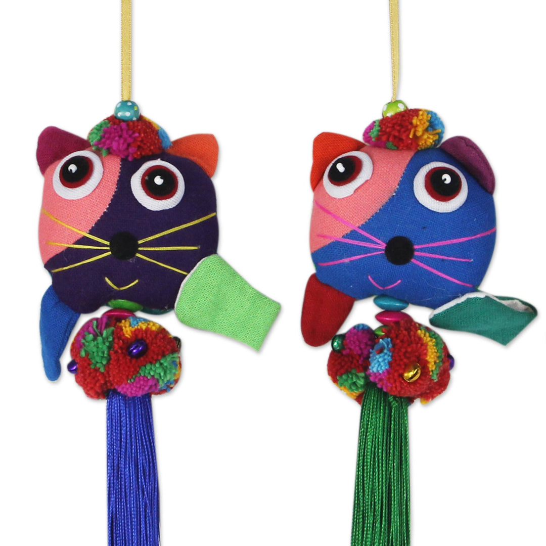 4 Hand Crafted Multicolor Cats and Brass Bells Ornaments - Happy Thai Cats