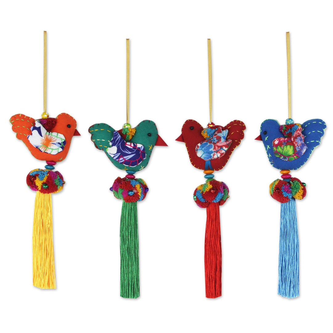 4 Birds and Brass Bells Artisan Crafted Multicolor Ornaments - Happy Thai Doves
