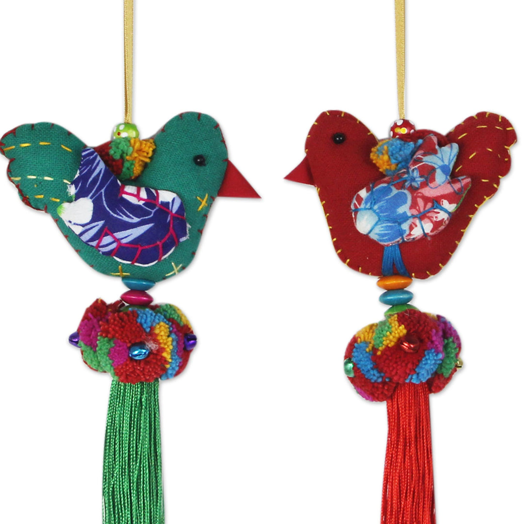 4 Birds and Brass Bells Artisan Crafted Multicolor Ornaments - Happy Thai Doves