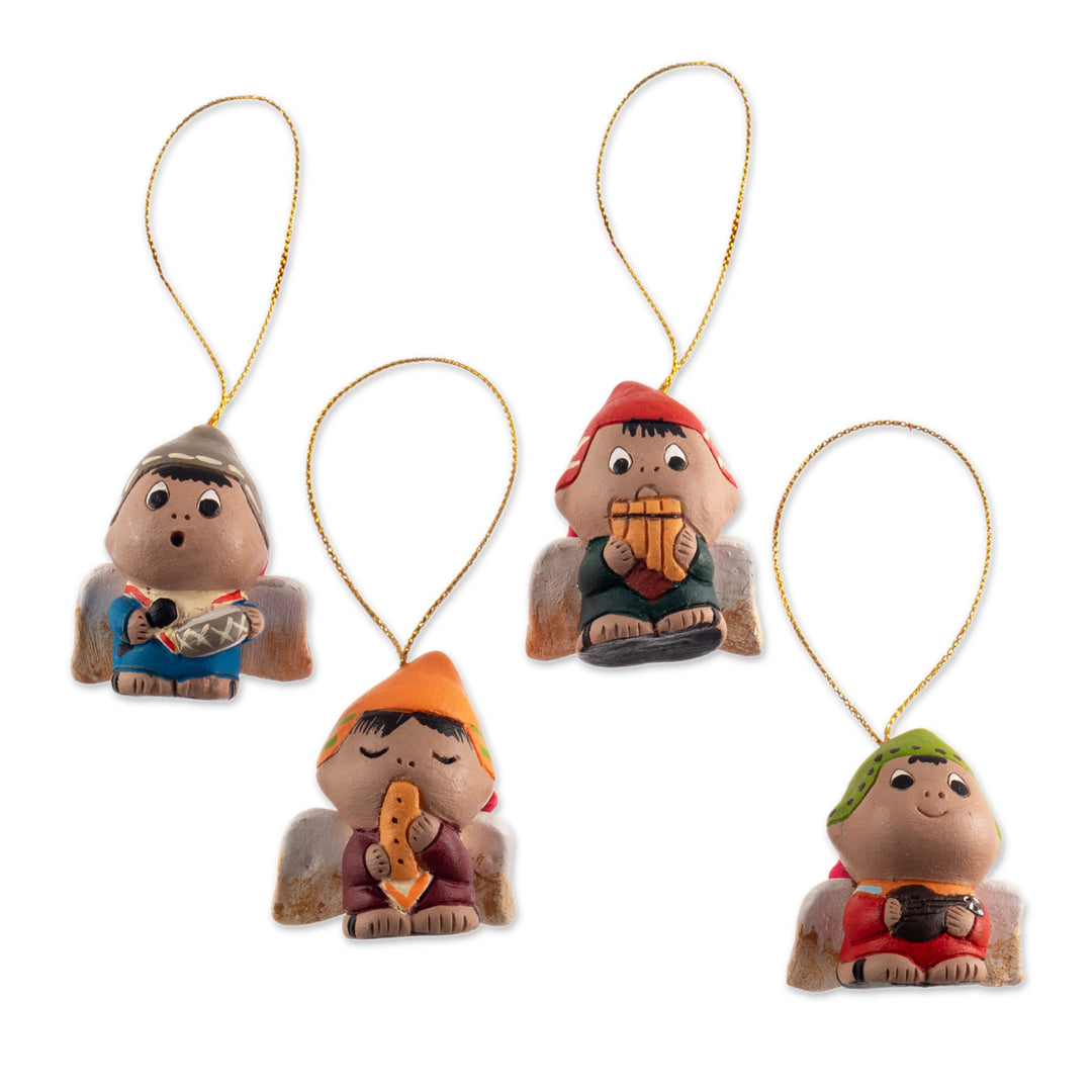 Ceramic Playful Andean Angel Ornaments (Set of 4) - Angel Musicians