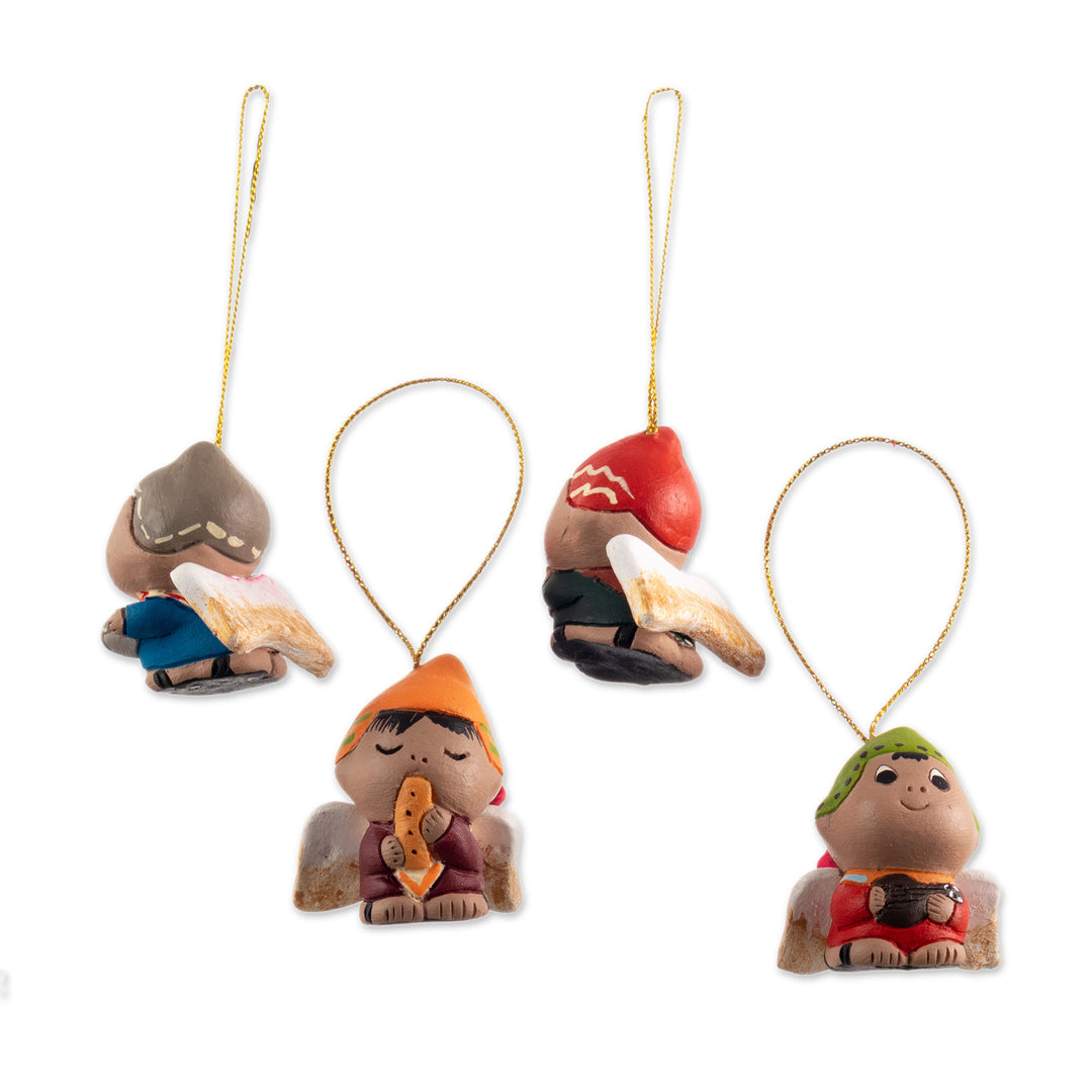 Ceramic Playful Andean Angel Ornaments (Set of 4) - Angel Musicians