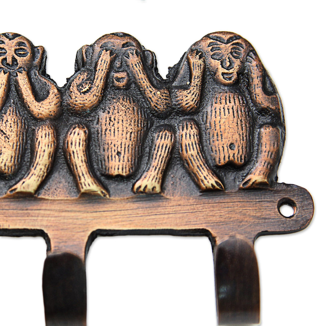Hand Crafted Monkey Brass Key Chain Holder from India - Four Wise Monkeys