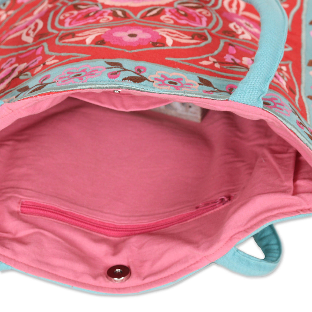 Artisan Crafted Embroidered 100% Cotton Floral Shoulder Bag - Floral Emblem