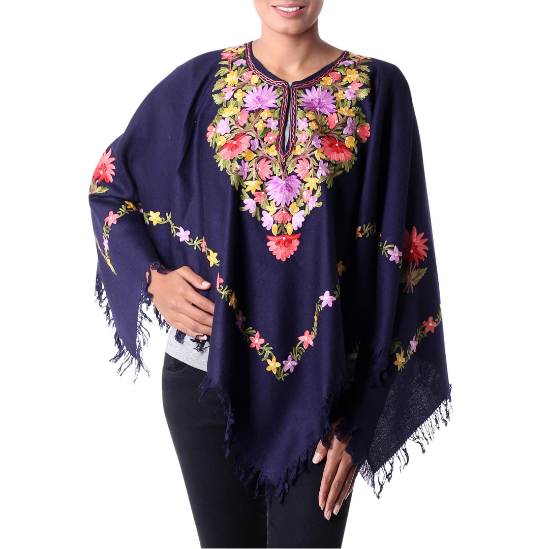 Dark Blue Wool Poncho with Pastel Flower Embroidery - Royal Garden