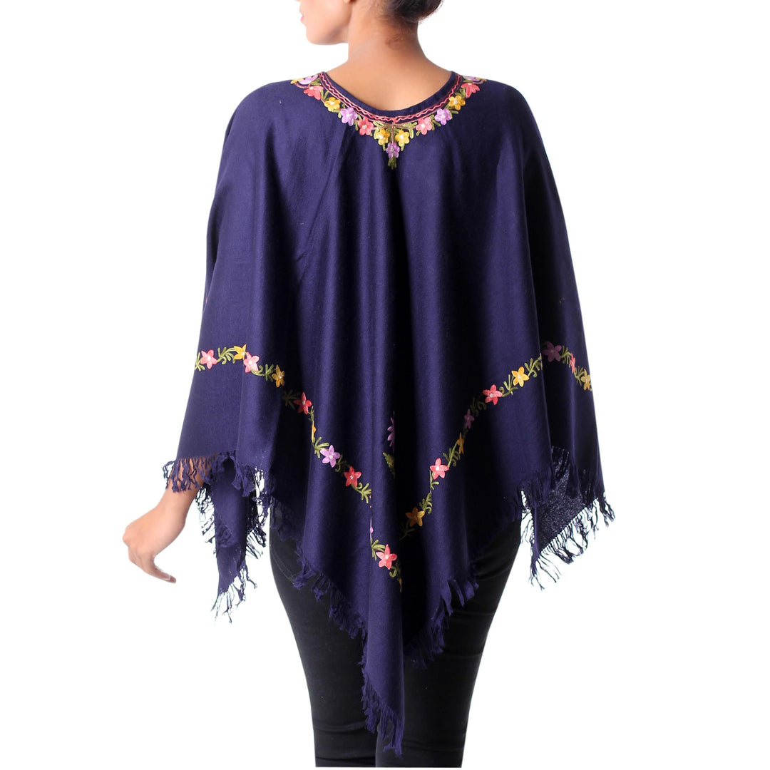 Dark Blue Wool Poncho with Pastel Flower Embroidery - Royal Garden