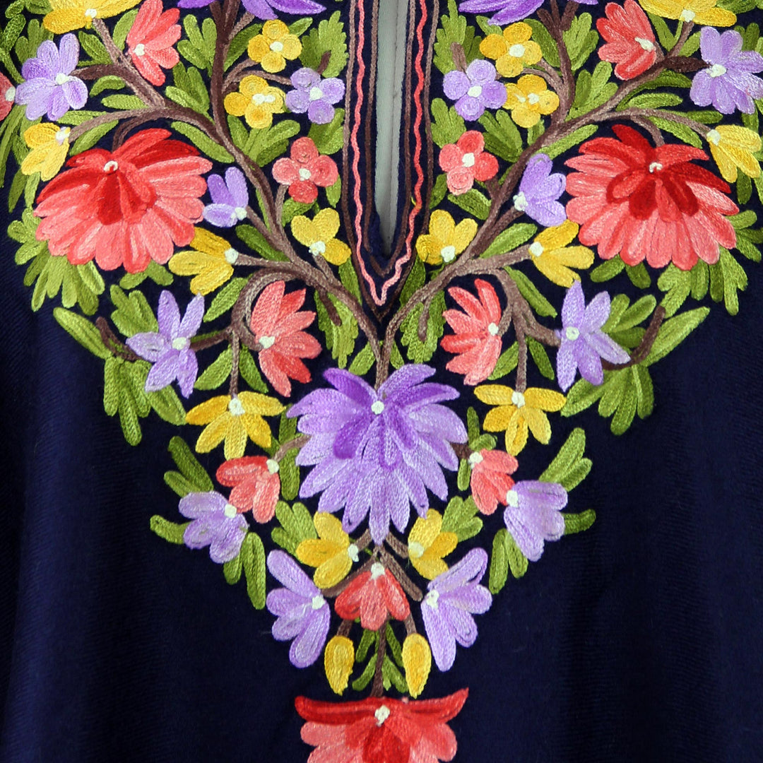 Dark Blue Wool Poncho with Pastel Flower Embroidery - Royal Garden