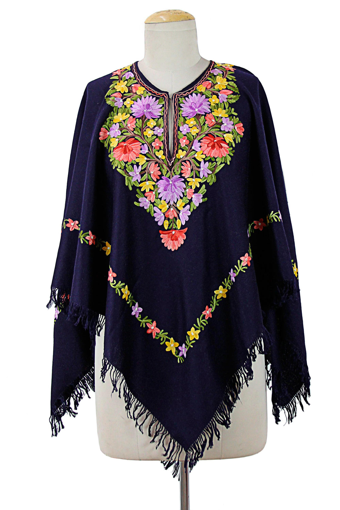 Dark Blue Wool Poncho with Pastel Flower Embroidery - Royal Garden