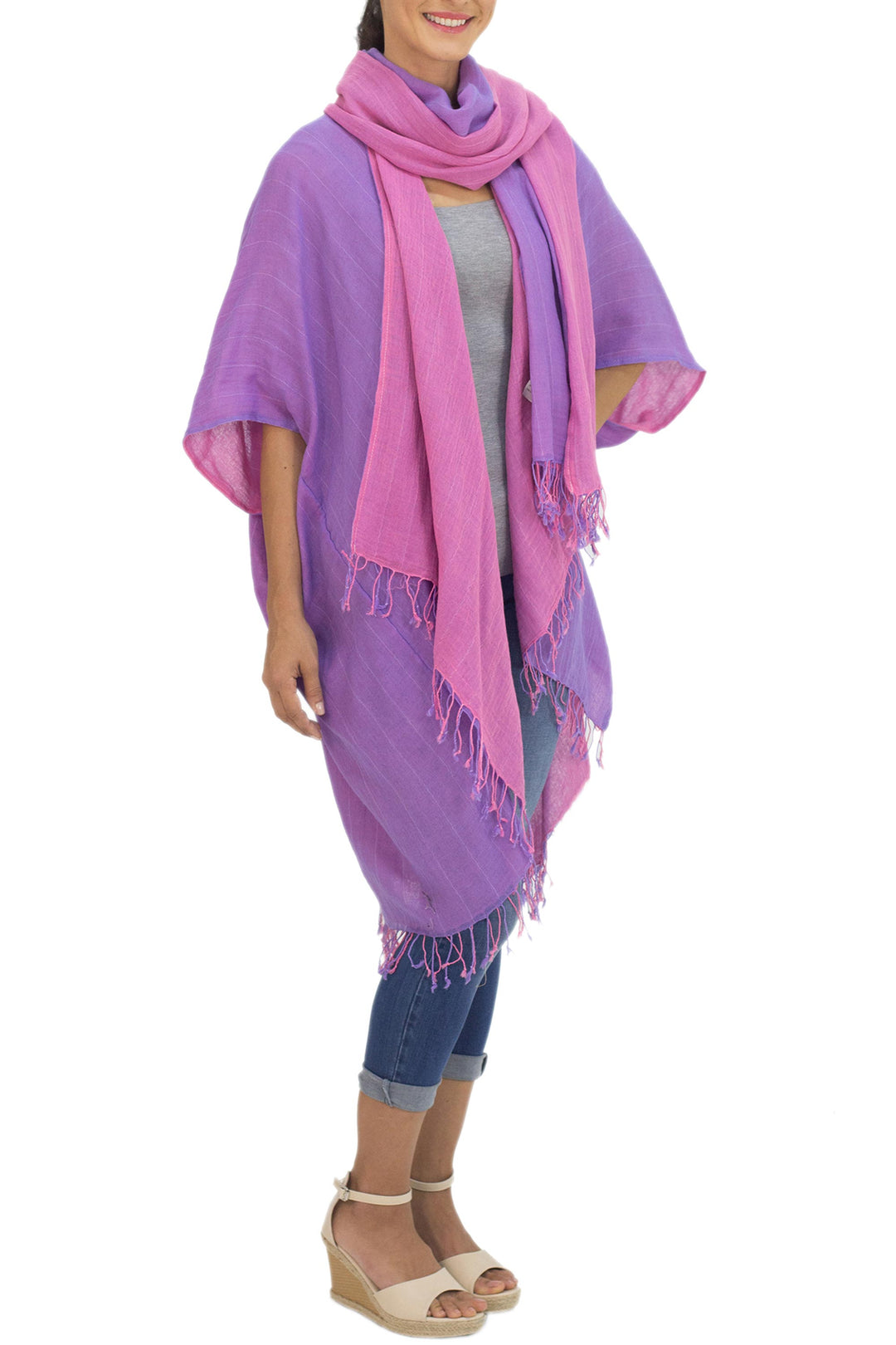 Artisan Crafted Cotton Kimono Jacket and Scarf from Thailand - Blush in Purple